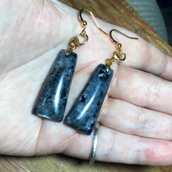 handmade blue black real larvikite gold plated earring - Picture 3 of 8